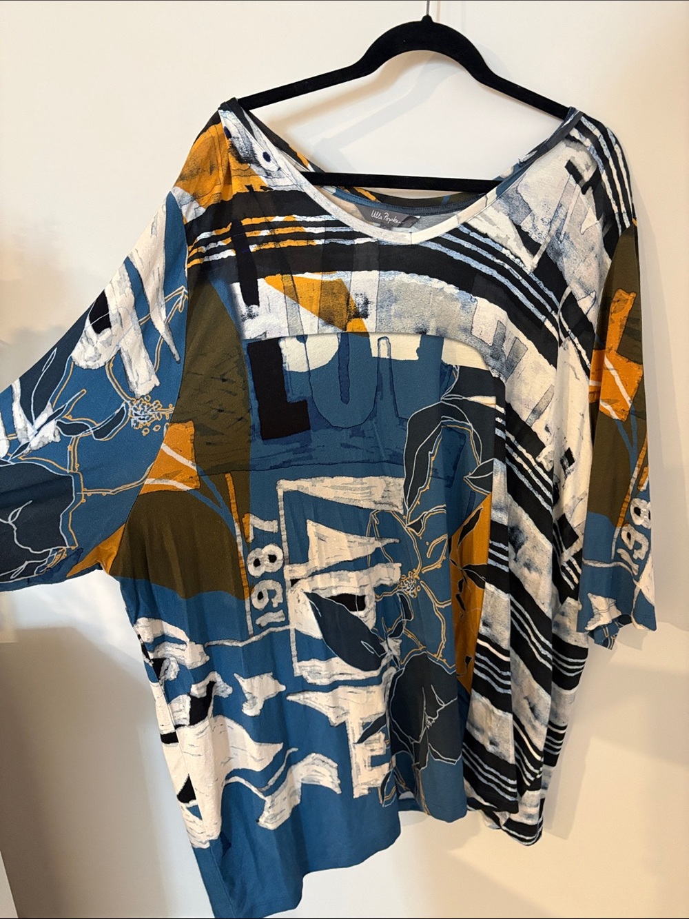 Ulla Popken Abstract Print Tunic in Teal, Mustard & Olive